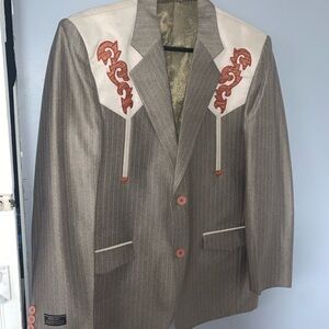 Men's Gray and Cream Blazer with Embroidered Accents